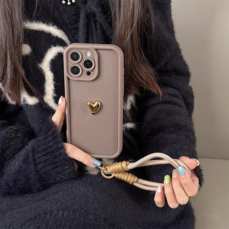 Cute Korean 3D Golden Love Heart Soft Case For iPhone Wrist Chain Hang Strap Cover
