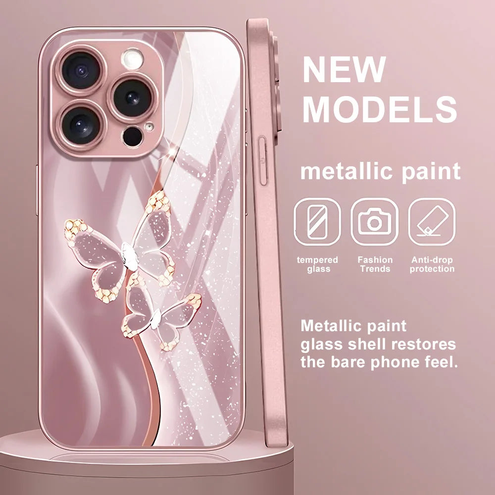 Tempered Glass Phone Case For iPhone Elegant Butterfly Cover