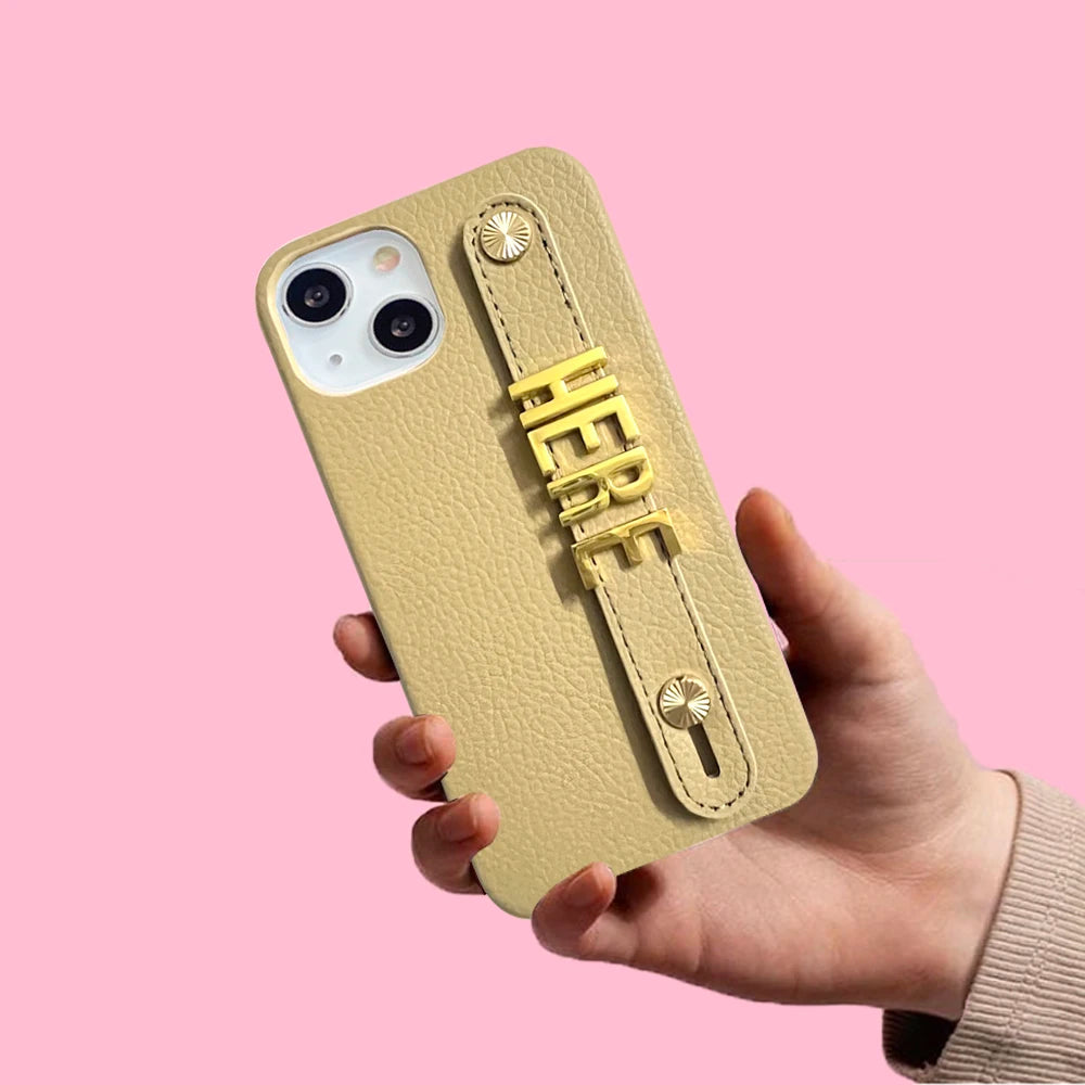 Holding Strap Personalised Custom Name Gold Metal Letters Leather Phone Case For Iphone