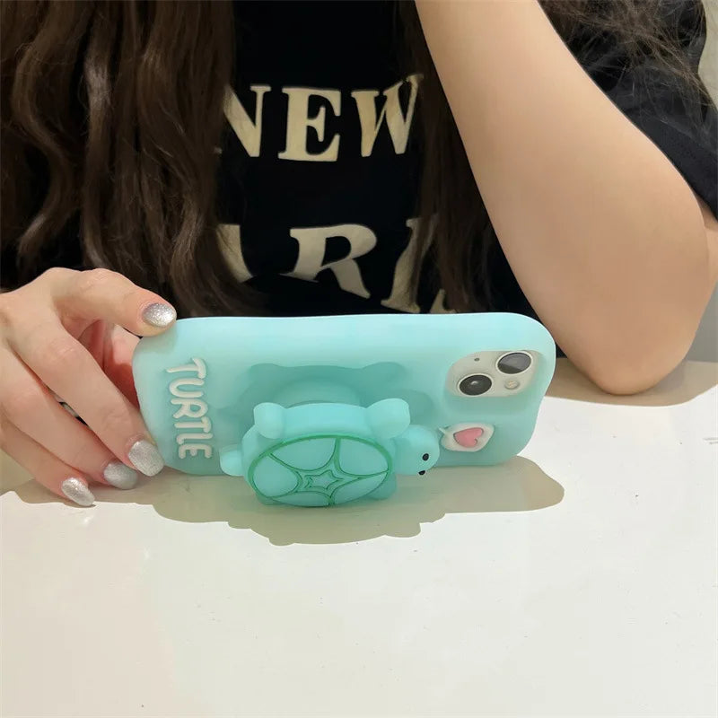 Cute Cartoon Noctilucent Turtle Bracket Soft Silicone Phone Case For iPhone