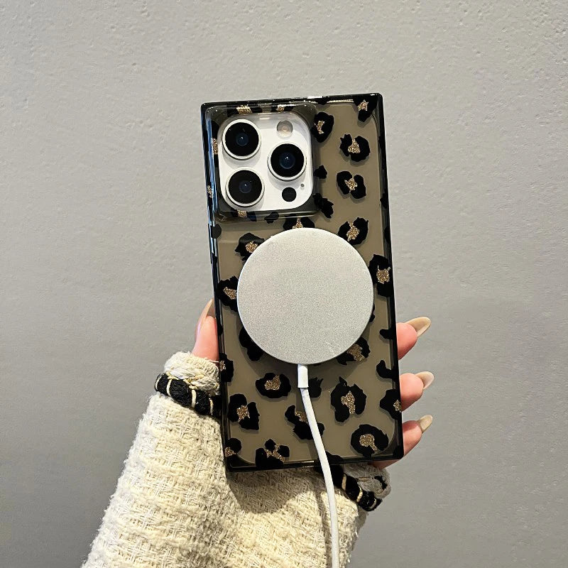 Stylish Rectangle Border Leopard Magnetic Wireless Charge Phone Case