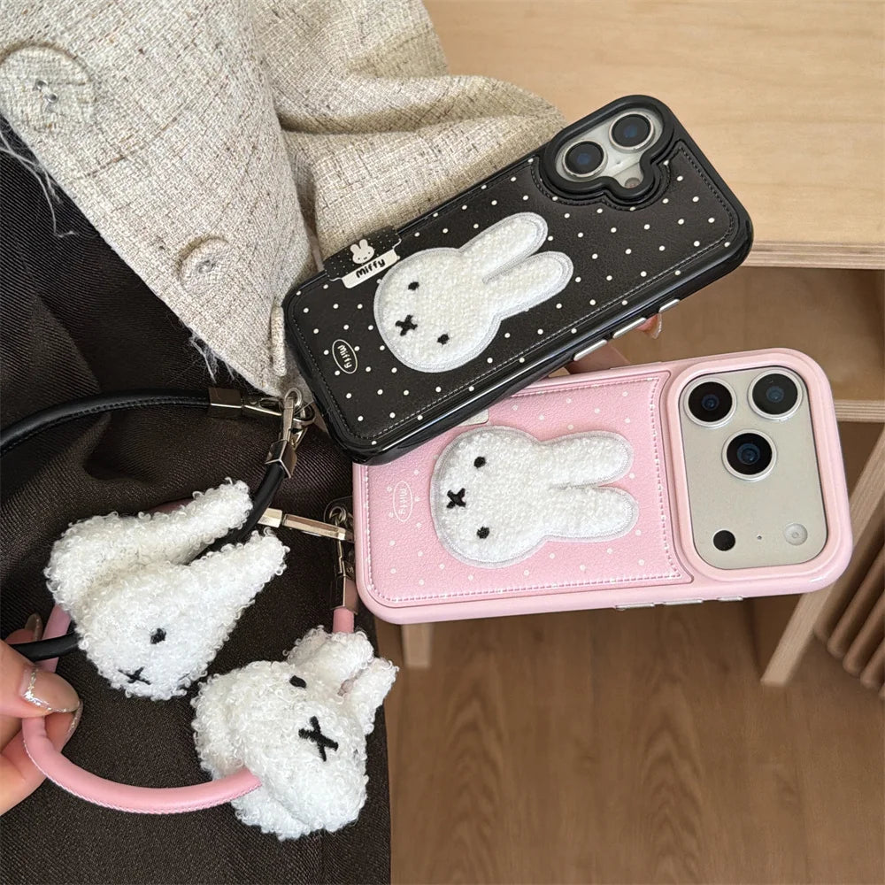 Winter Plush Rabbit Fashion Leather Polka Dot Phone Case  For iPhone