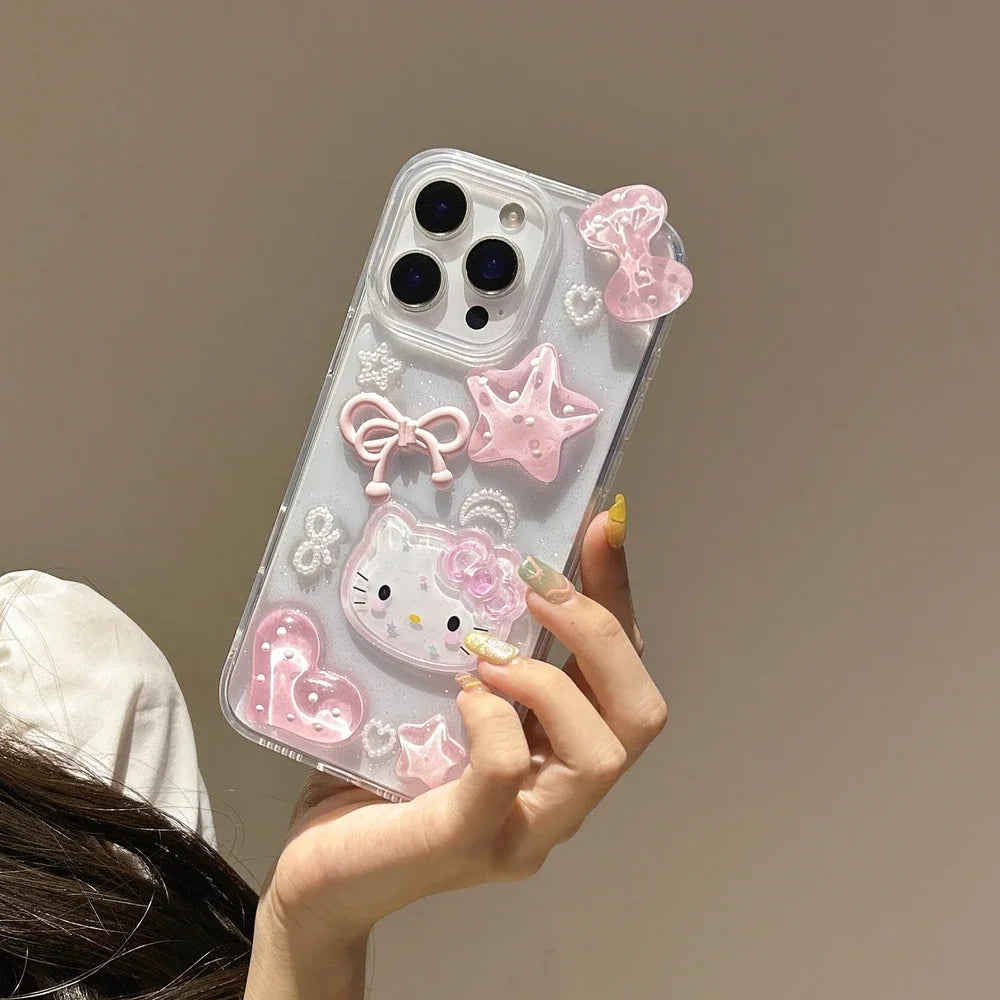 Sanrio Hello Kitty 3D Cute Cartoon bling bling Glitter Transparent Phone Case For iPhone