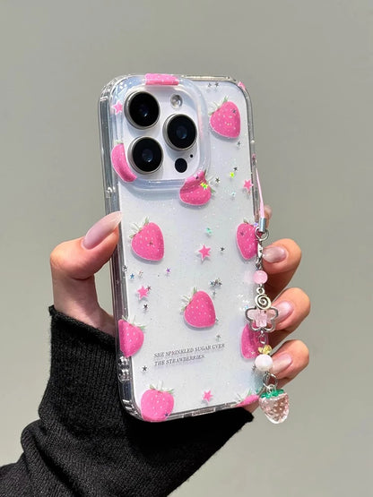 Glitter Strawberry With 3D Dangle Shockproof Cute Phone Case