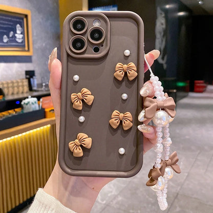 3D Elegant Bowknot Faux Pearl Chain Silicone Phone Case For iPhone Soft Cover