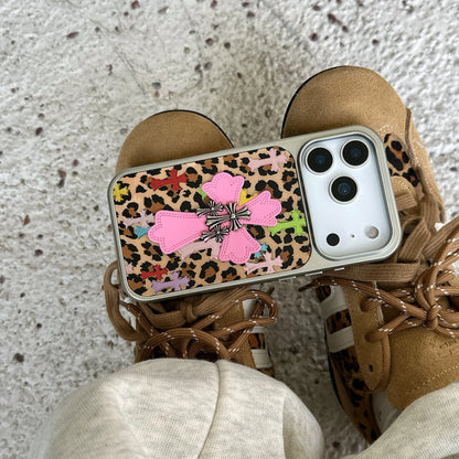 Silver-edged gold-plated Leopard Print Pink Chrome Hearts Phone Case For iPhone