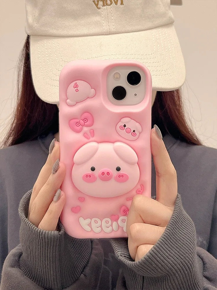 Cute Funny Pig Piggy Telescopic Bracket Case For iPhone