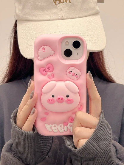 Cute Funny Pig Piggy Telescopic Bracket Case For iPhone