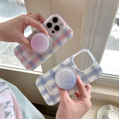 Fresh Simple Pink Blue Grid Pattern With Holder Magnetic Wireless Charging Phone Case