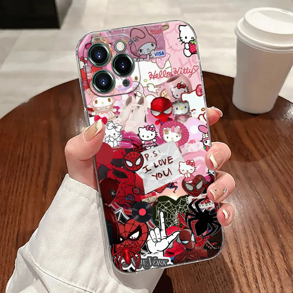 Spider Man Hellos Kittys Transparent Phone Case For iPhone