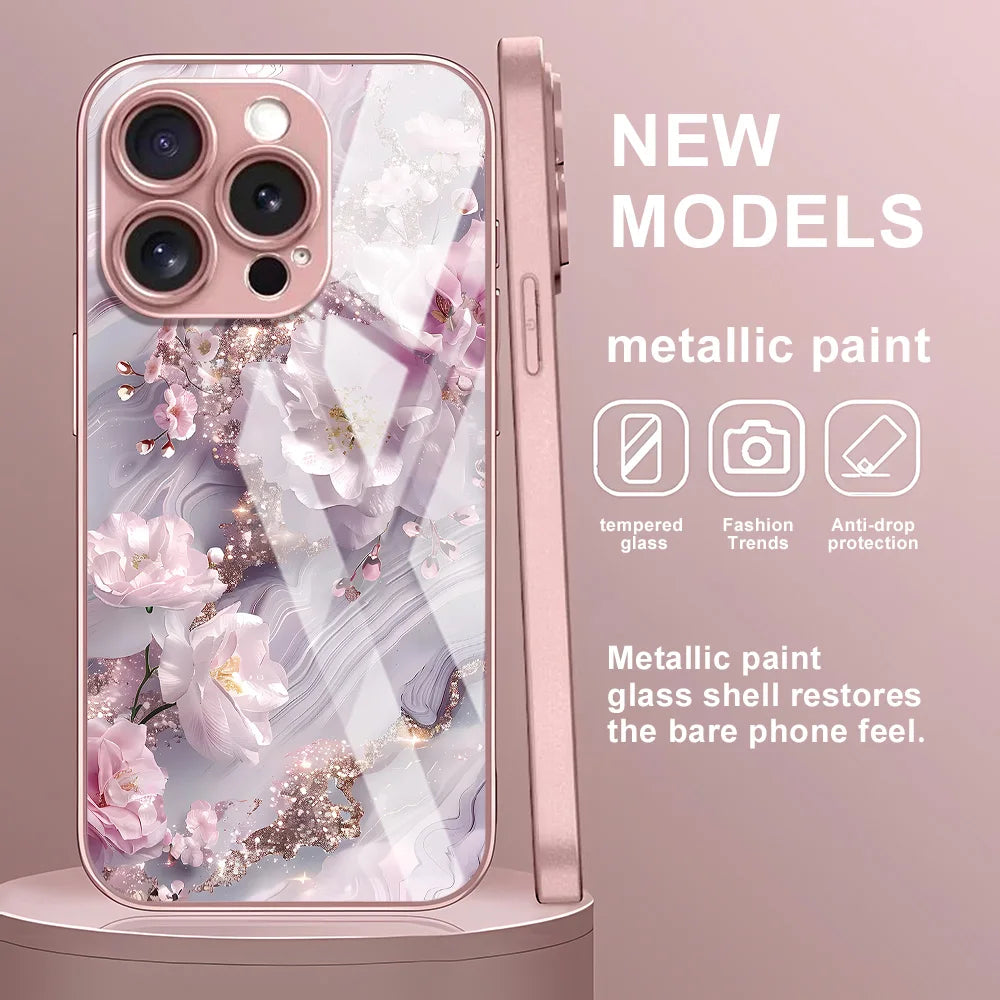 Flower Phone Case For iPhone  Shockproof Tempered Glass Cover