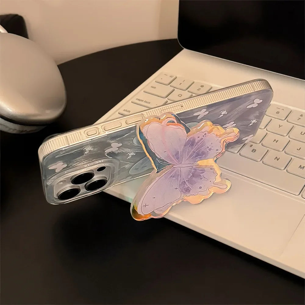 Luxury Laser Watercolor Butterfly Bracket Phone Case For iPhone