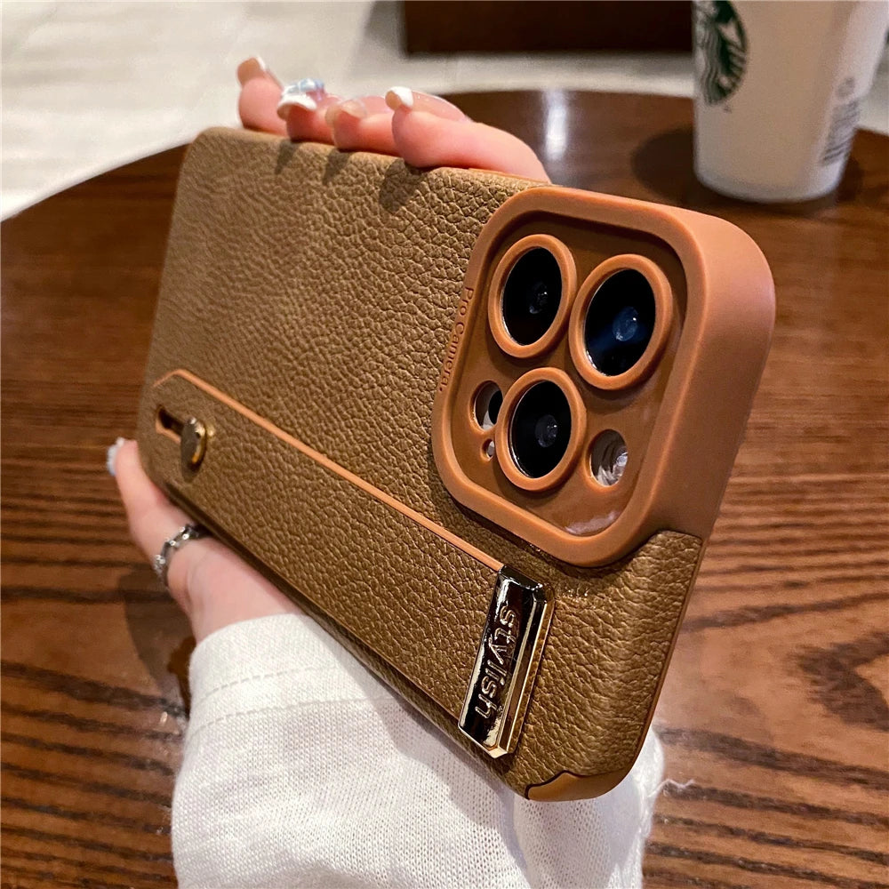 Luxury Wrist Strap Holder Leather Texture Case For iPhone