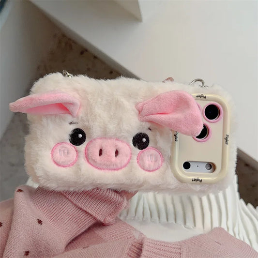 Cute 3D Cartoon Pig Plush Phone Case With Lanyard For iPhone