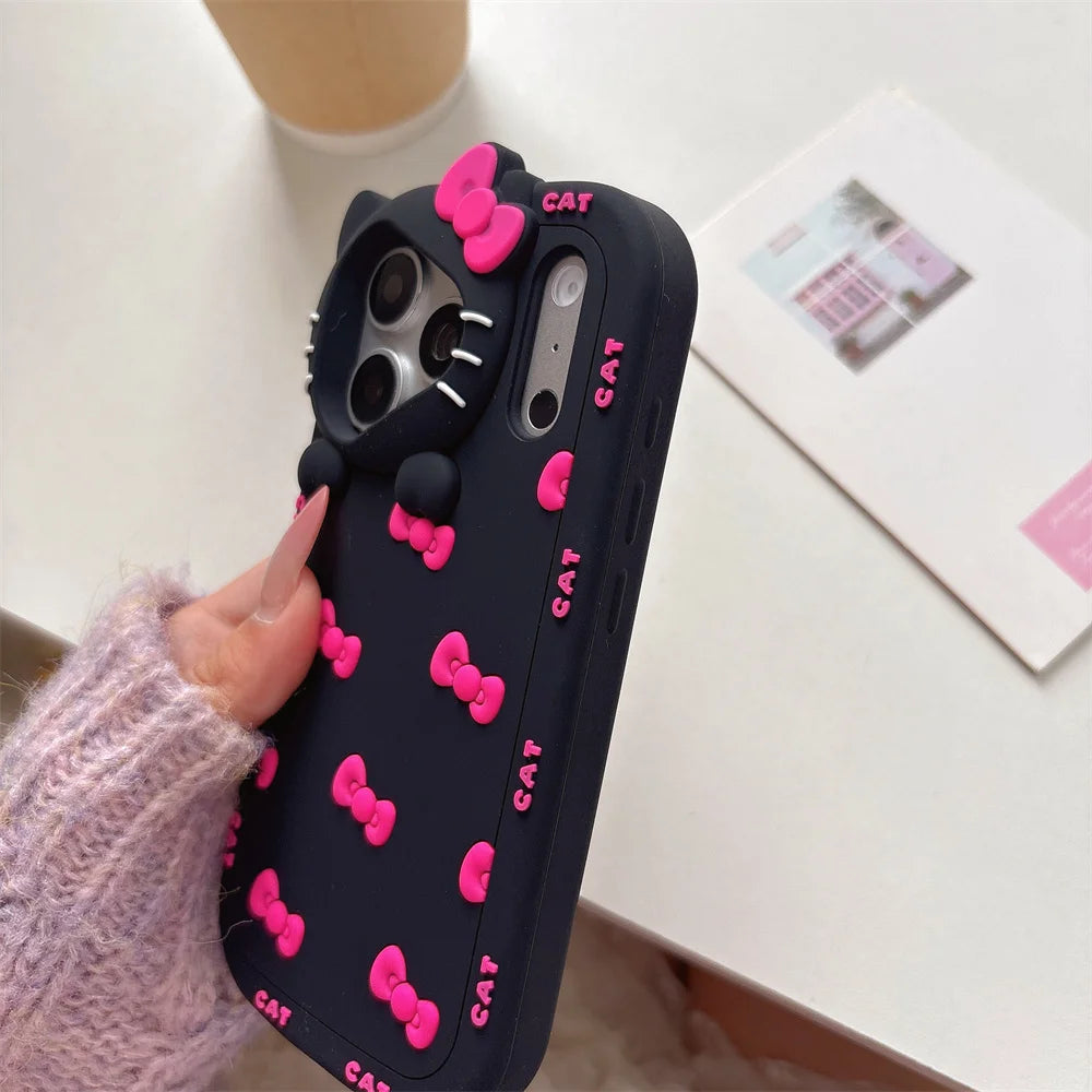 3D Cartoon Cute Bowknot Cat Camera Lens Protection Case For iPhone