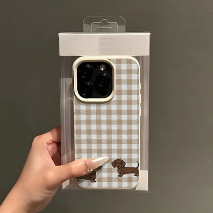 Dachshund Plaid Phone Case For iPhone Brown Checkerboard Two Dogs Design Leather Soft Cover