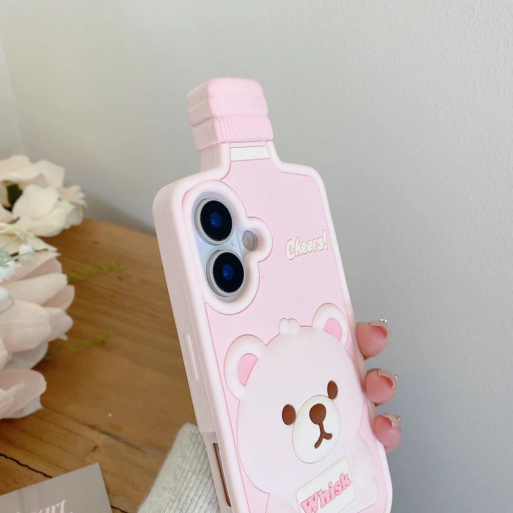 Kawaii 3D Cartoon Bear Wine Bottle Soft Silicone Phone Case For iPhone