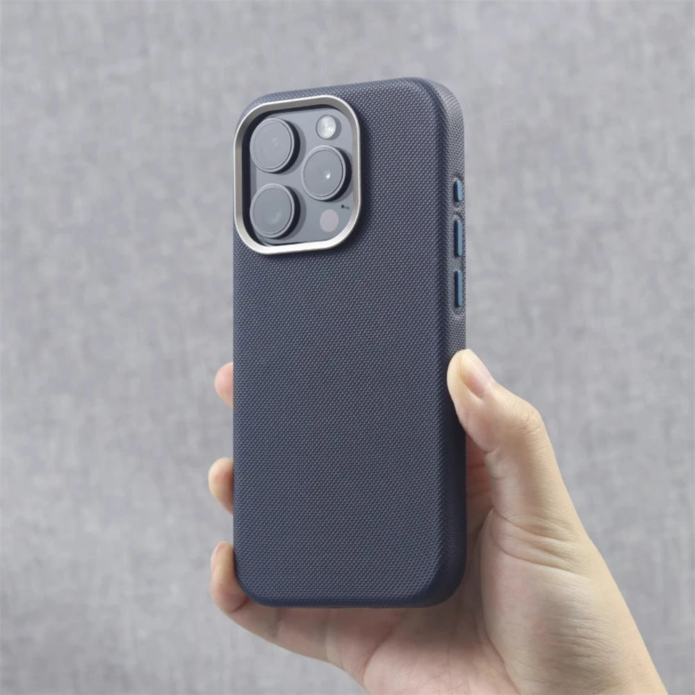 Luxury Alloy Lens Frame Particle PU Leather Magnetic Case For iPhone