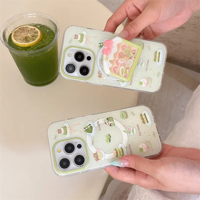 Cute Matcha Cake MagSafe Stand Phone Case