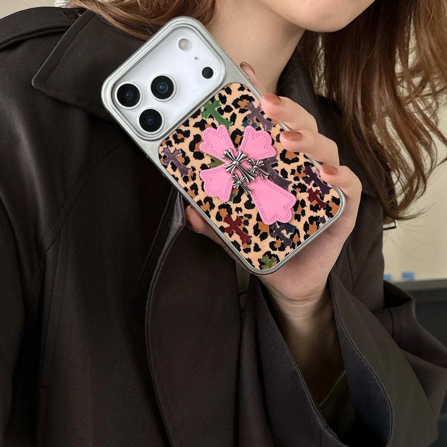 Silver-edged gold-plated Leopard Print Pink Chrome Hearts Phone Case For iPhone
