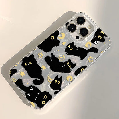 Laser Silver Black Cat iPhone Case With Feather-Texture Protection