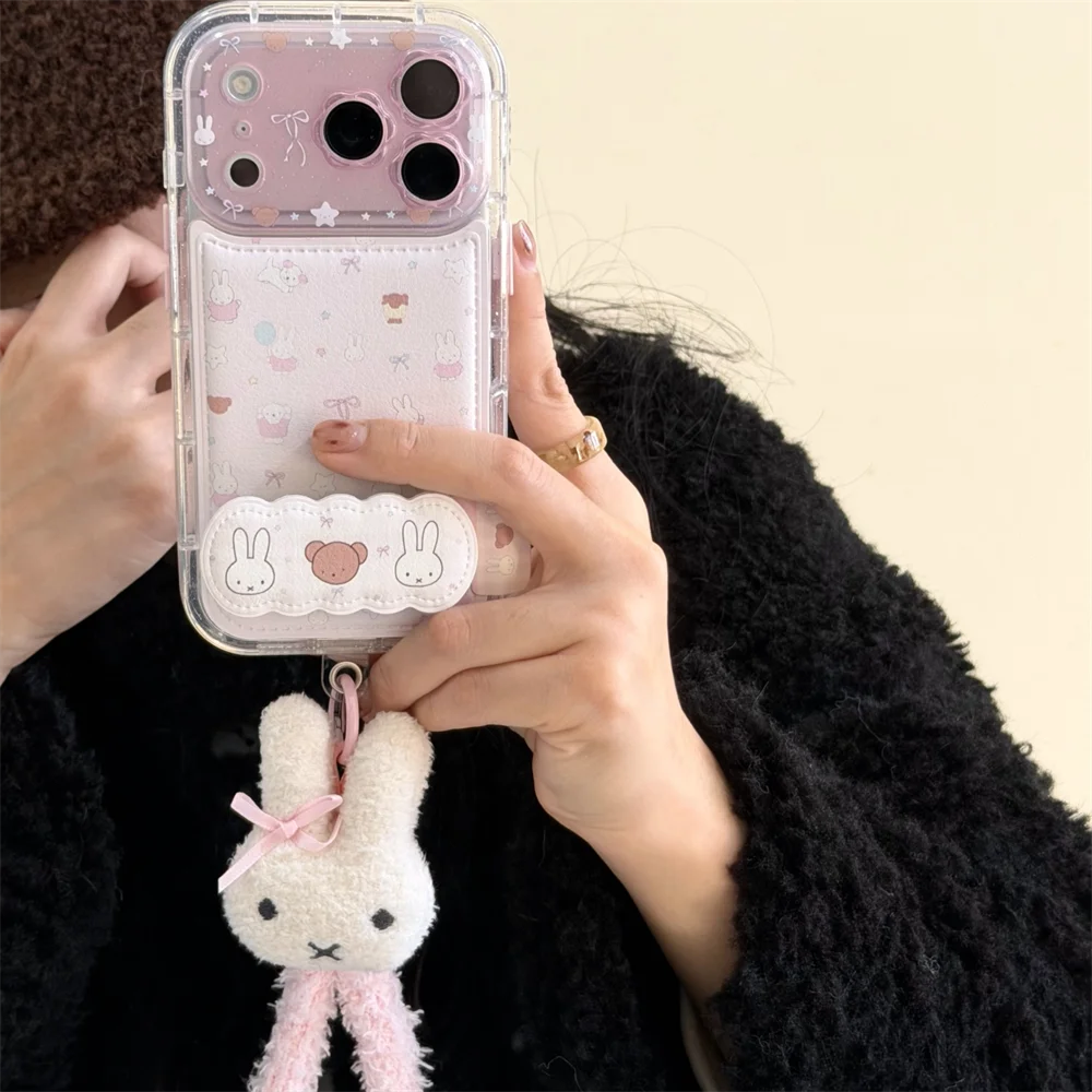 Kawaii Bear Rabbit Phone Case With Stand For iPhone Cases With Plush Pendant Cartoon Fundas Cute Case
