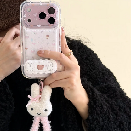 Kawaii Bear Rabbit Phone Case With Stand For iPhone Cases With Plush Pendant Cartoon Fundas Cute Case