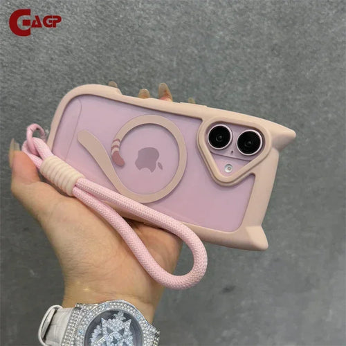 Cartoon Cat Ear Magnetic Lanyard Case Wristband Clear Soft Border Cover For iPhone