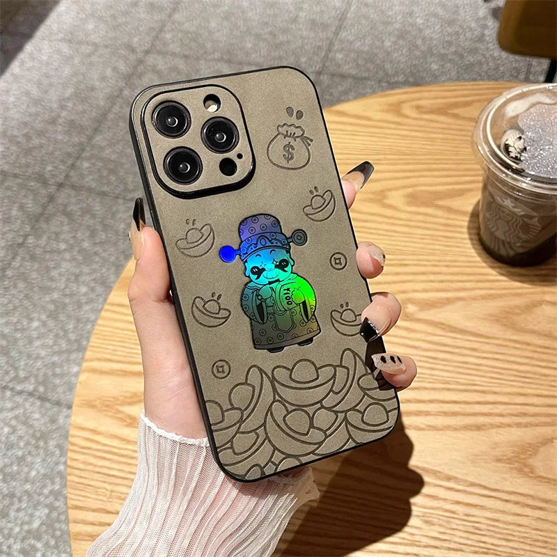 Luxury God of Wealth Laser Leather Texture Phone Case for iPhone