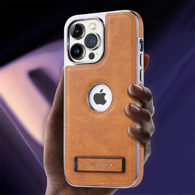 Luxury Plating Bumper Leather Folding Kickstand Phone Case For iPhone