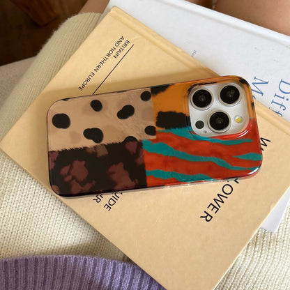 Retro Four-Color Leopard Pattern Stitching Phone Case For iPhone