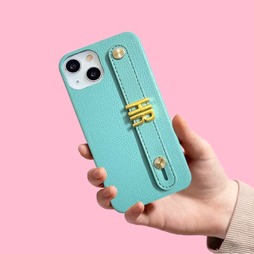 Holding Strap Personalised Custom Name Gold Metal Letters Leather Phone Case For Iphone