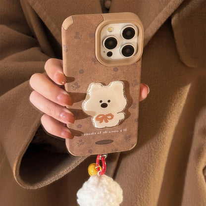 Cute Cartoon 3D White Puppy Flowers Suede Leather Phone Case With Pendants For iPhone