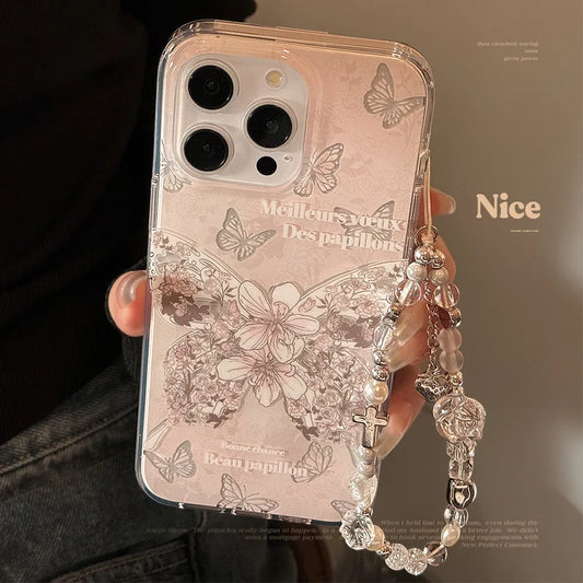 Korean Butterfly Phone Case With Bracelet Chain For iPhone