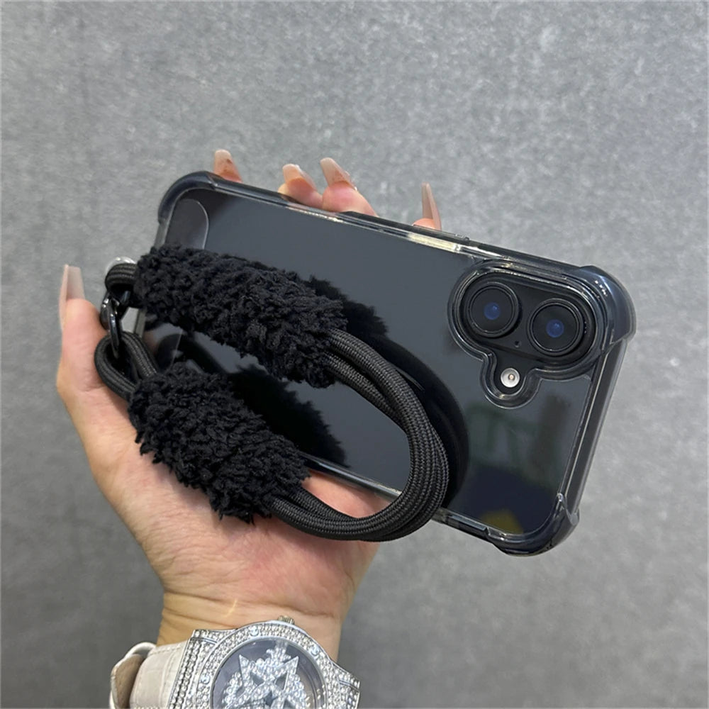 Hybrid Bumper Armor Transparent With Wrist Strap Case For iPhone Shockproof Air Bag Cover