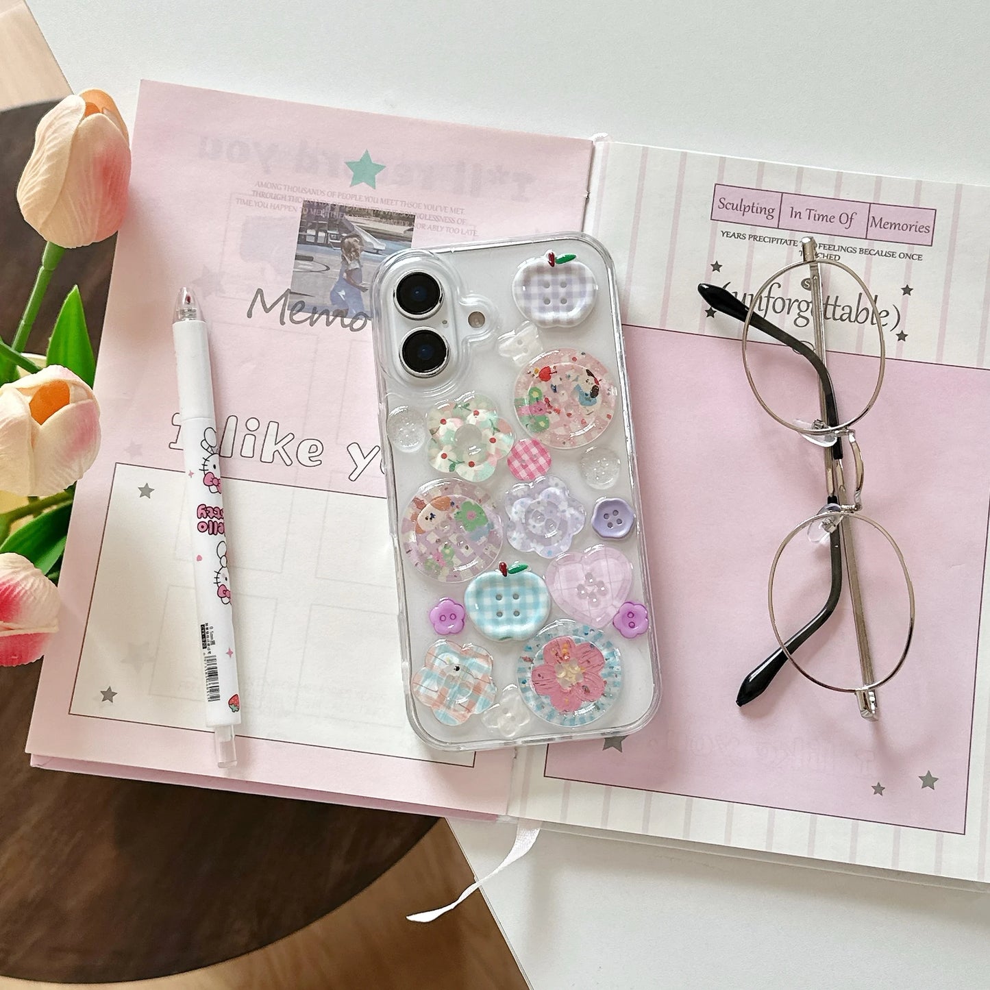 Adorable Transparent Decorated with Patterned Buttons Fun Look Phone Case