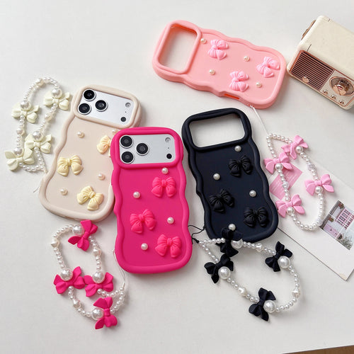 Korean 3D Bowknot Pearl Silicone Phone Case For iPhone