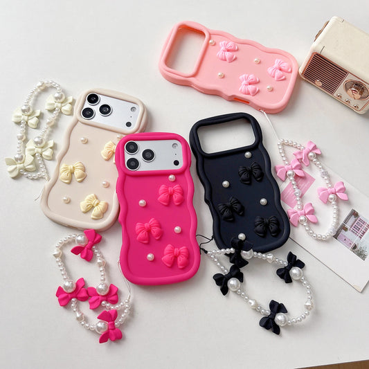Korean 3D Bowknot Pearl Silicone Phone Case For iPhone