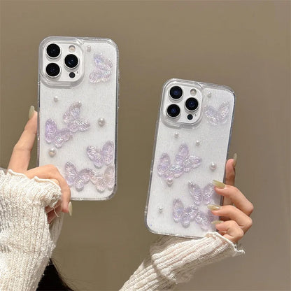 Luxury 3D Butterfly Pearl Drop Glue Glitter Phone Case For iPhone