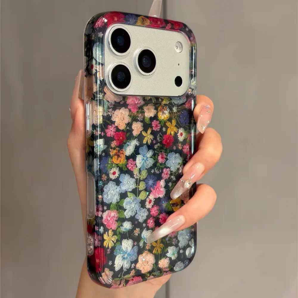 Glitter Shiny Oil Painting Flowers Phone Case For iPhone