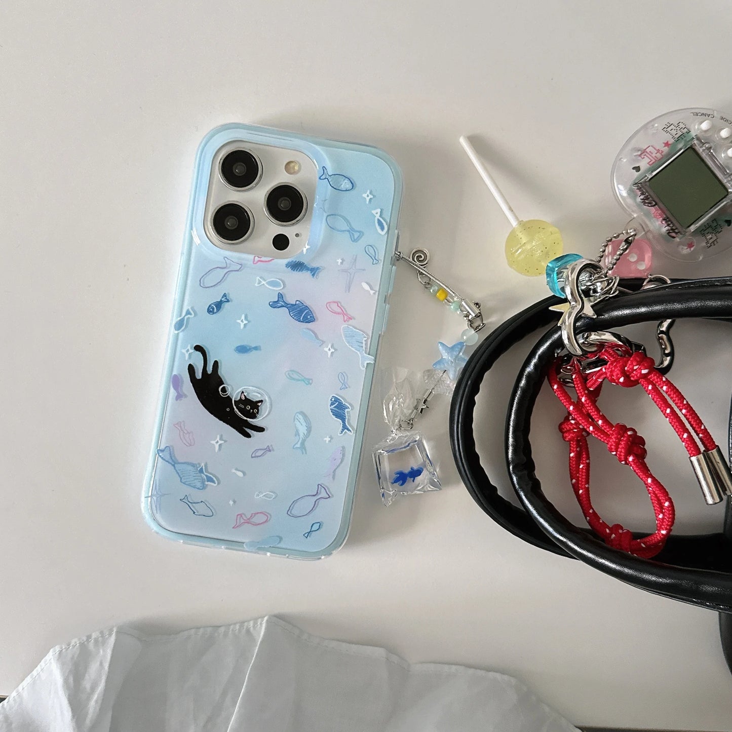 Cute Dreamy Gradient Blue Fish & Astronaut Cat Phone Case with Dangle For iPhone