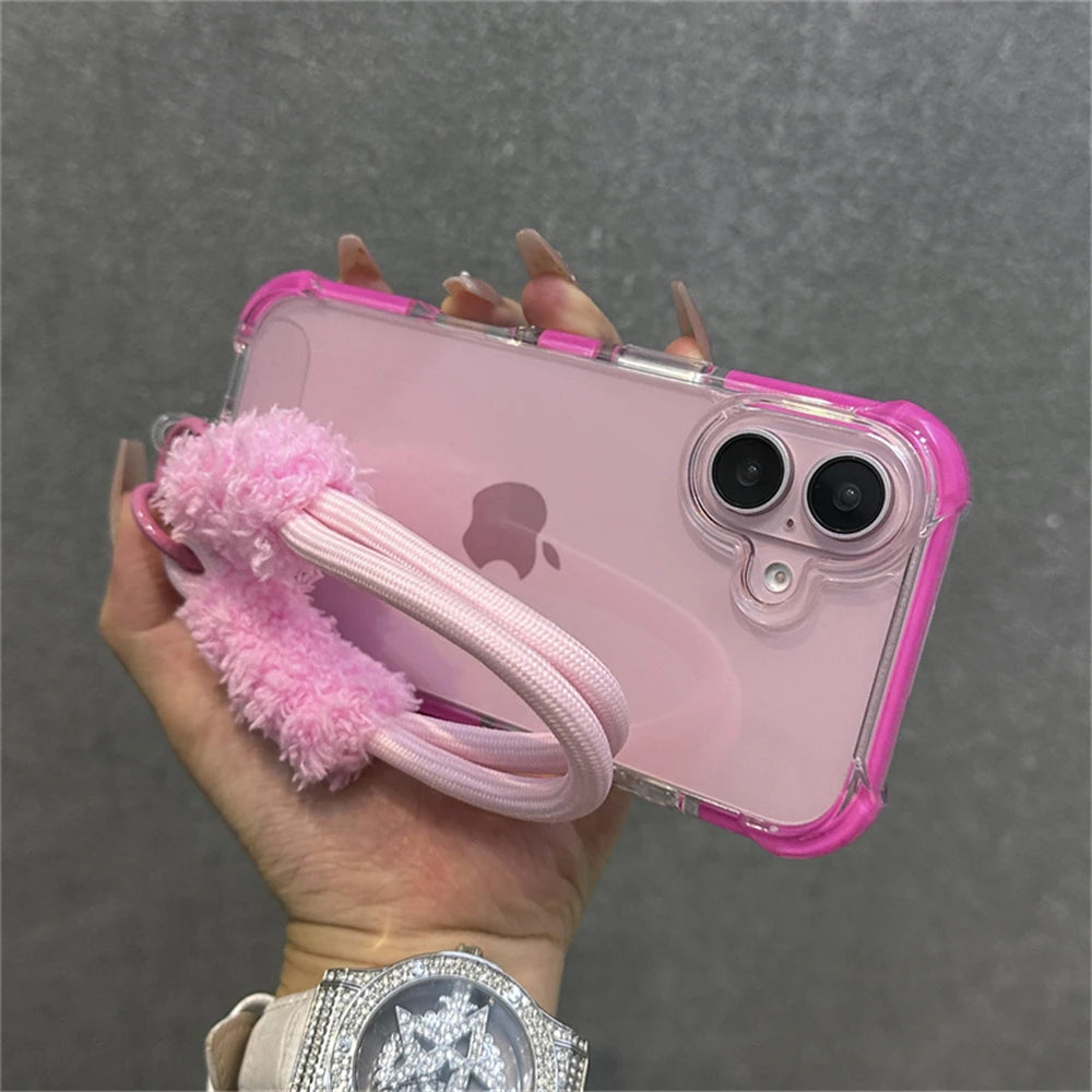 Hybrid Bumper Armor Transparent With Wrist Strap Case For iPhone Shockproof Air Bag Cover