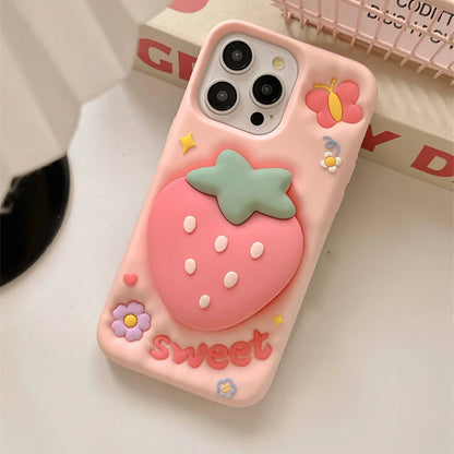Cute 3D Cartoon Strawberry Hand Grip Holder Soft Silicone Phone Case