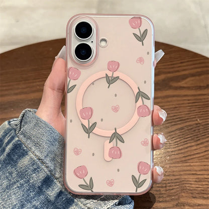Pink Tulip Heart Tiny Dot Print Wireless Charging Phone Case For Magsafe iPhone