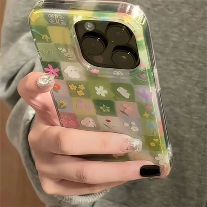 IND Green Grass Grid Pattern Broken Flower Rabbit Phone Case With Chain  For iPhone