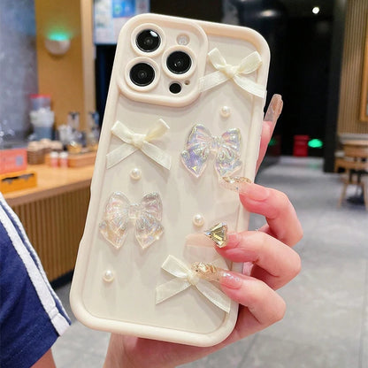 3D Bow Pearl Decorated Phone Case For iPhone Shockproof Silicone Soft Cover