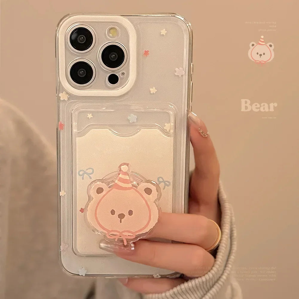 Korean Cute Cartoon Bear Card Wallet Phone Case With Bracket For iPhone