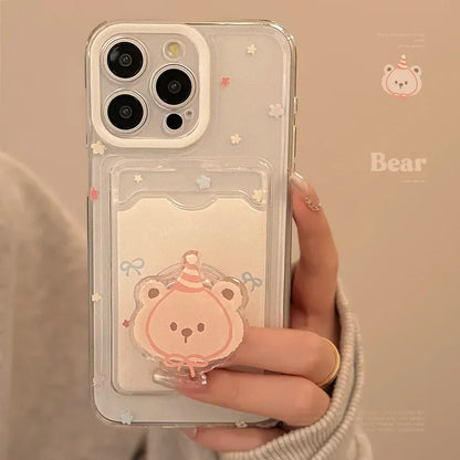 Korean Cute Cartoon Bear Card Wallet Phone Case With Bracket For iPhone