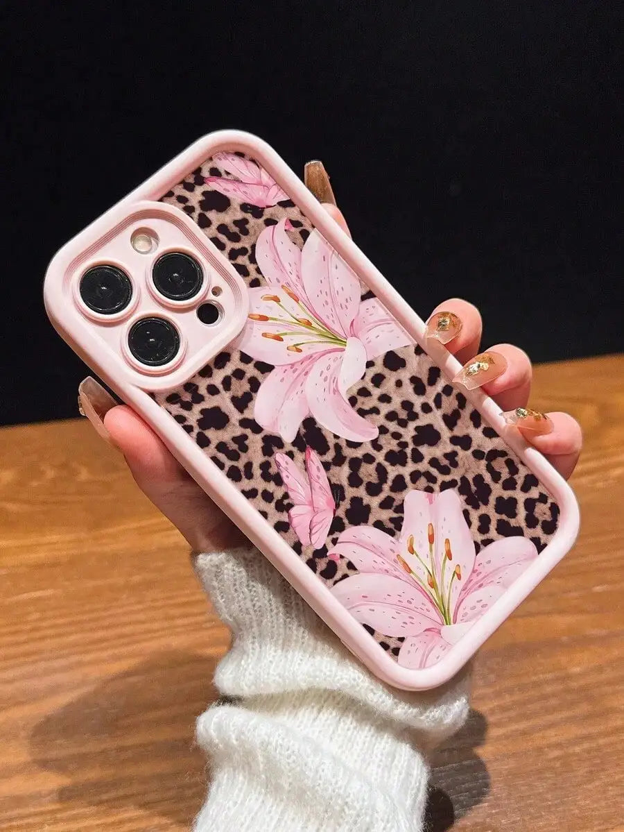 Cute Pink Lily Flower Leopard Print Matte Phone Case For iPhone