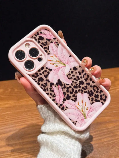 Cute Pink Lily Flower Leopard Print Matte Phone Case For iPhone